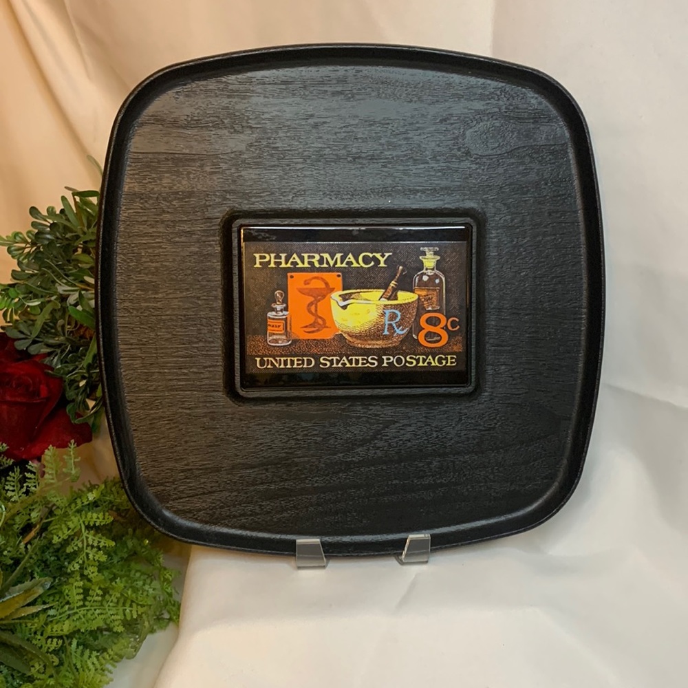 Vintage WESTWOOD thermo-Serv Pharmacy US Postal Stamp cheese / charcuterie tray